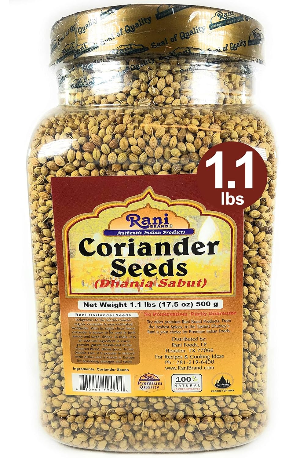 Semillas enteras de cilantro de Rani (Dhania), especias indias de 17.5 onzas (1.1 libras) tarro de PET de 17.64 oz  Todo natural  Apto para gluten