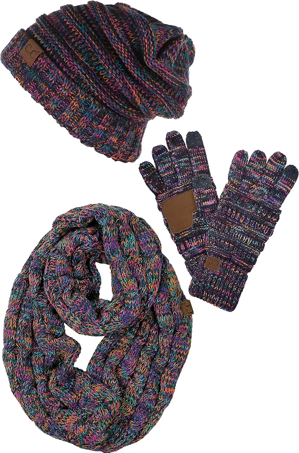 Funky Junque Oversized Beanie, Texting Gloves, & Scarf Bundle - Kaleidoscope