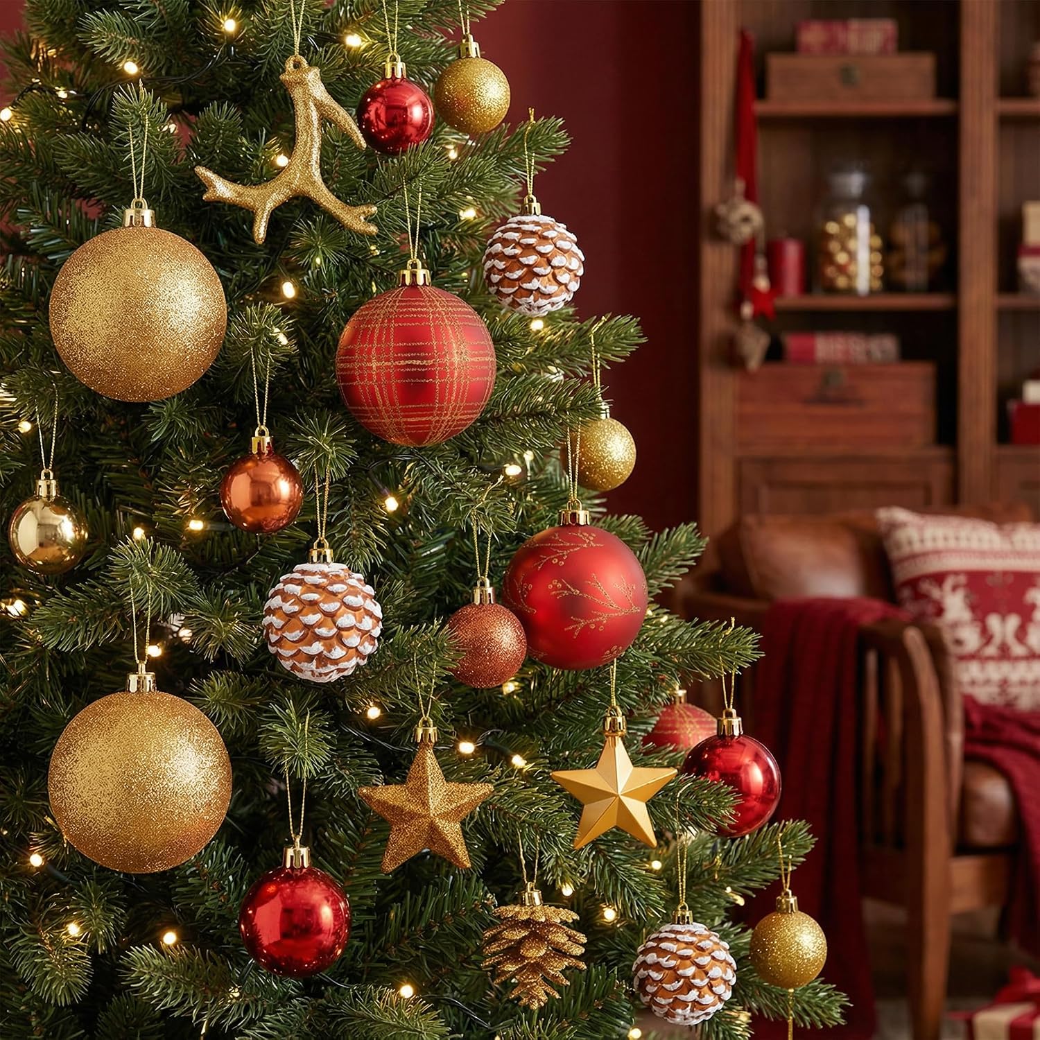 Valery Madelyn Christmas Ornaments Set, 70ct Red and Brown Shatterproof Christmas Tree Decorations, Woodland Hanging Ball Ornaments Bulk for Xmas Holiday Decor