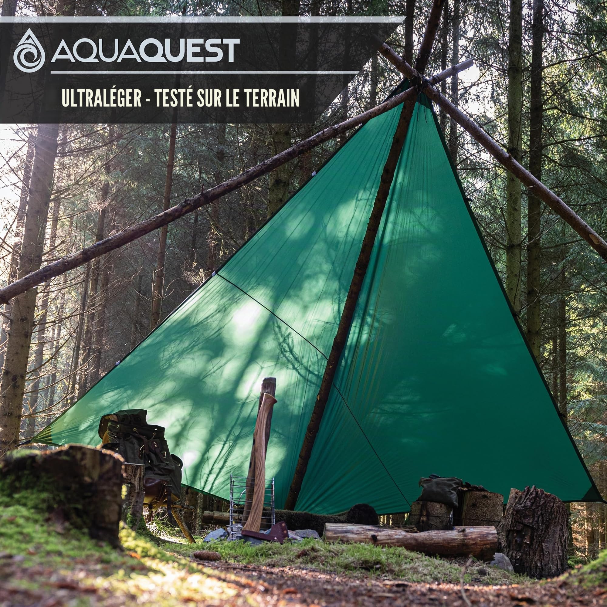 Aqua Quest Guide Bâche Carrée 3 x 3 m Verte - Abri de Randonnée Ultra-léger et Imperméable en Ripstop Sil Nylon pour Camping Tente - Parfait pour Le Hamac