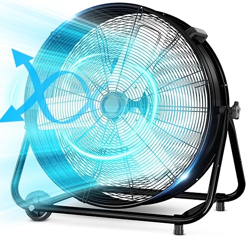 LifePlus Ventilador de tambor industrial de 24 pulgadas, ventilador de piso de alta velocidad de 3 velocidades, circulador de aire de metal