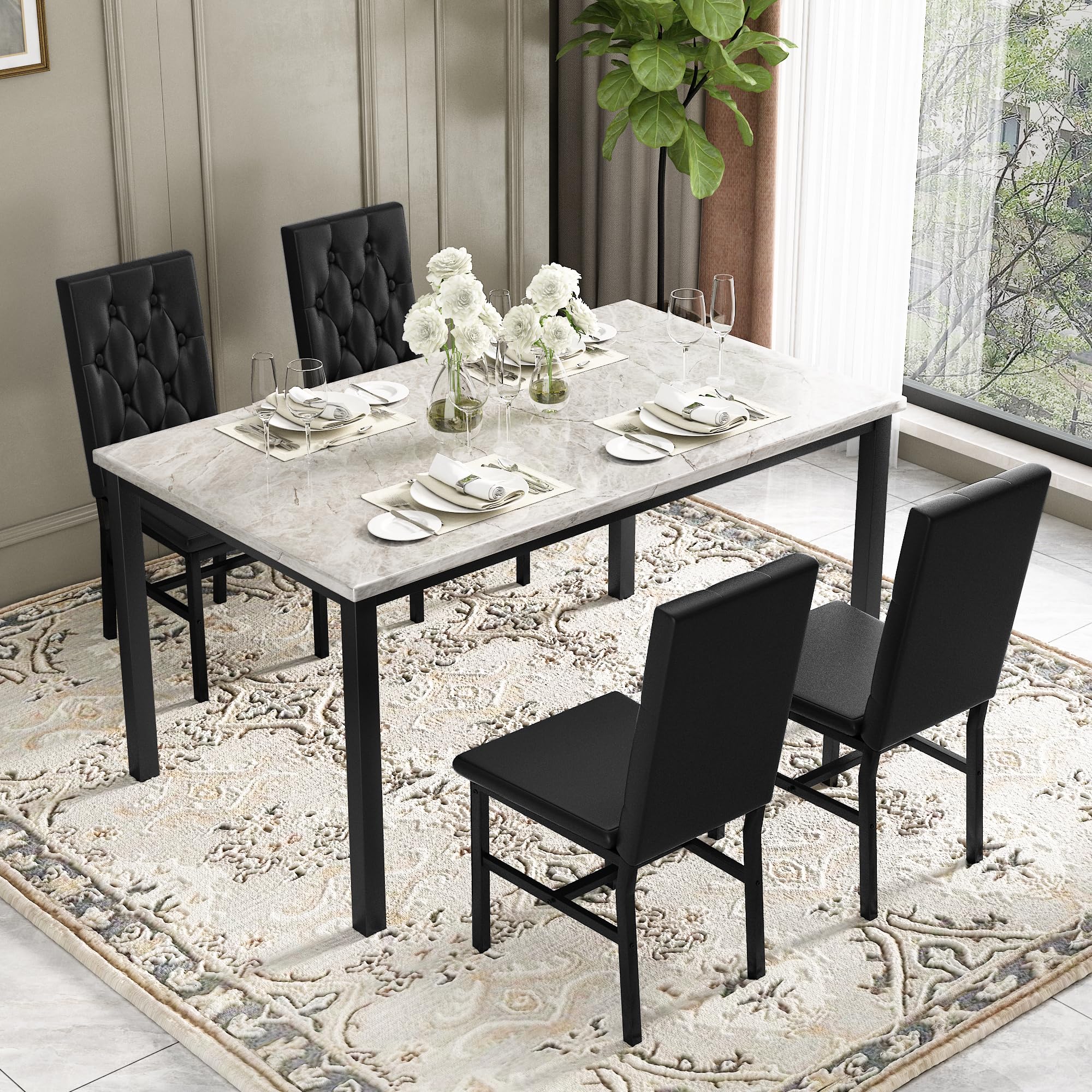 HOOSENG Dining Table and Chairs Set 4, Faux Marble Small Dining Table with Button Tufted Chairs for Kitchen & Home (Gray & Black)