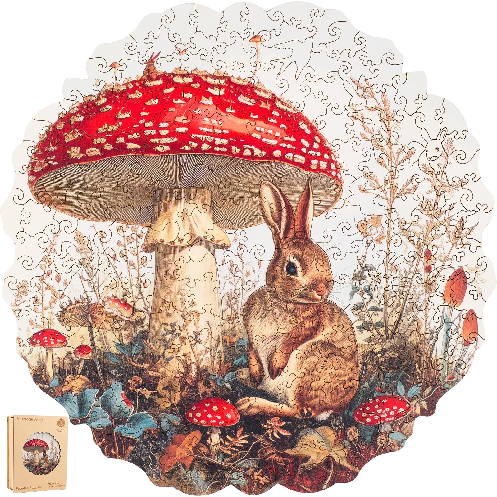Wooden Puzzles for Adults Easter Jigsaw Puzzles, 11.2 x 11.2inch Mushroom Bunny Puzzles with Storage Box, 200 Pieces Unique Shaped Puzzle Games Gift for Elders Children Family Medium Size