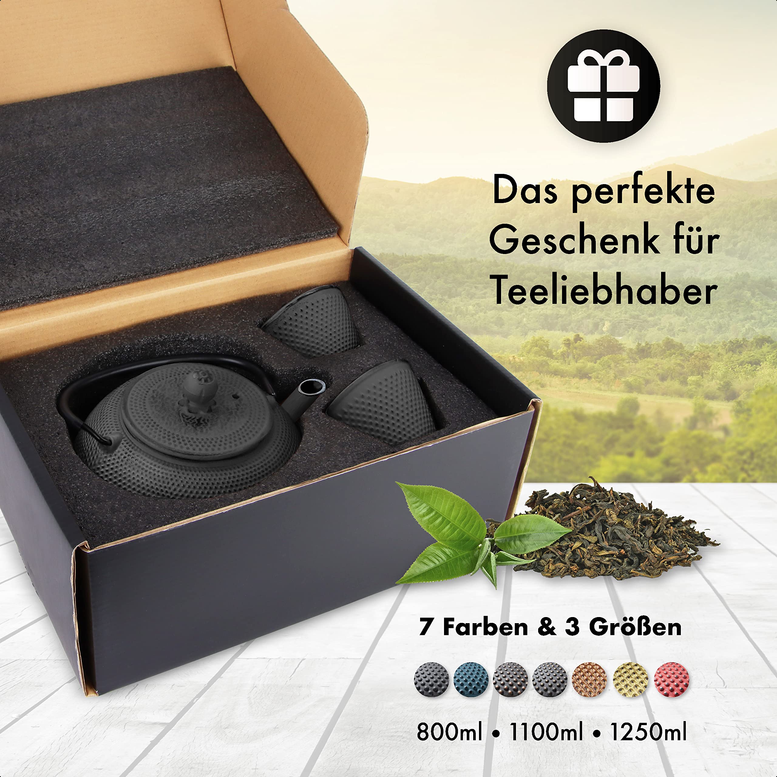 TEEKANNE GUSSEISEN SET 1,1 LITER IN GESCHENKBOX | Komplettes Teeservice aus Gusseisen | Gusseiserne Teekanne mit Siebeinsatz, Teetassen & Untersetzer | Teeset im Japanischen Stil | Schwarz