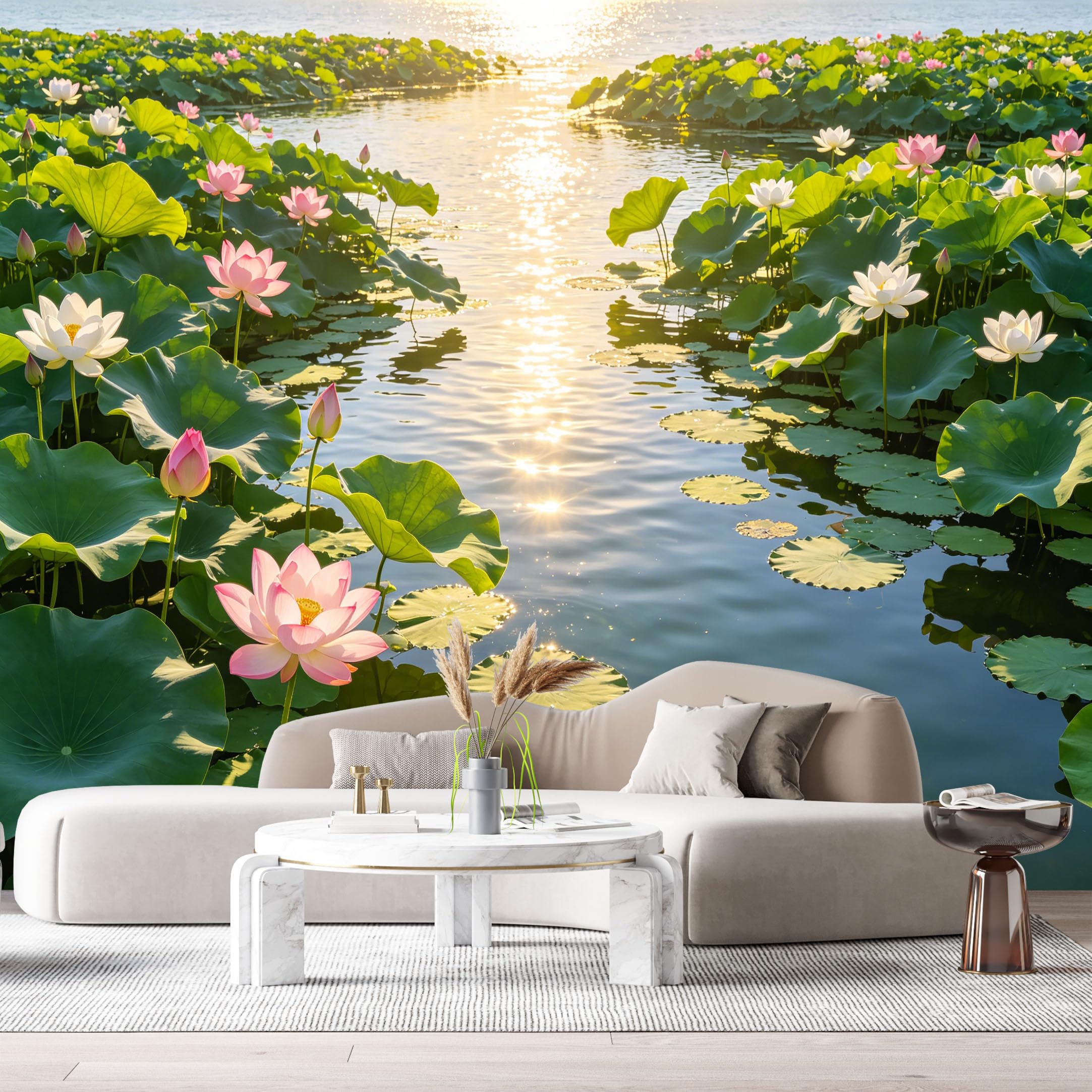Custom Size Wall Murals Lotus Pond Landscape Water Reflection Botanical Watercolor SelfAdhesive Wall Fabric Removable Large Wallpaper for Photo Living Room