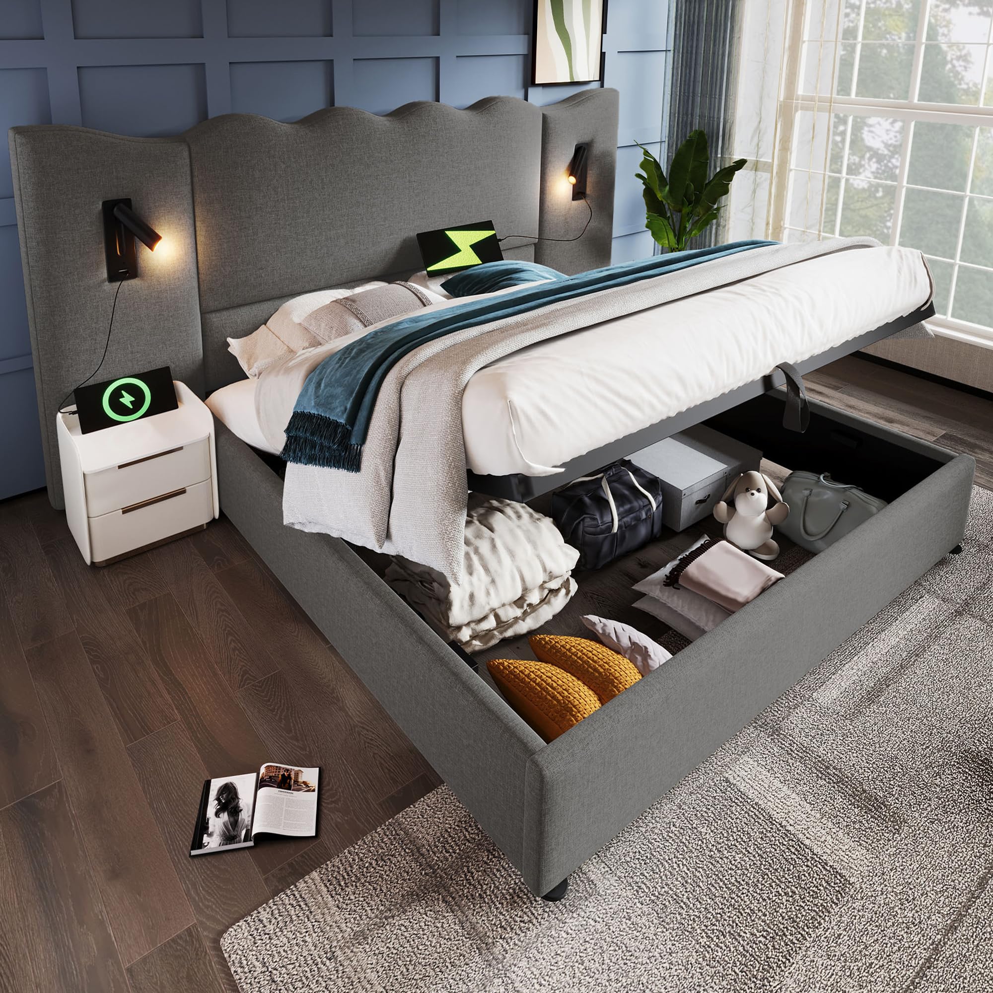 Letto Matrimoniale con Contenitore 180x200 cm con LED e USB, Letto imbottito una piazza e mezza con Testiera e Vano Portaoggetti, Letto Contenitore con rete a doghe, Struttura in lino grigio
