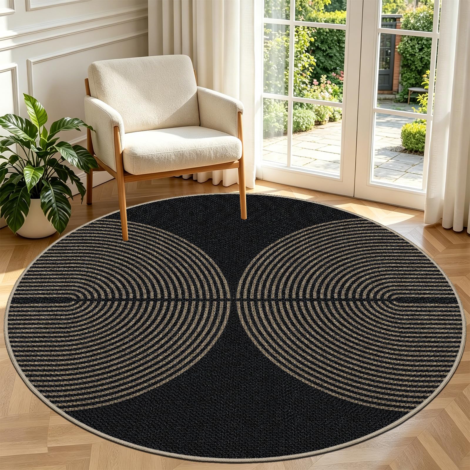 Capslpad Tapis d'extérieur, rond, 160 cm, aspect jute, résistant aux intempéries, lavable, antidérapant, naturel, pour salon, balcon, terrasse, cuisine, jardin - Couleur : noir/naturel