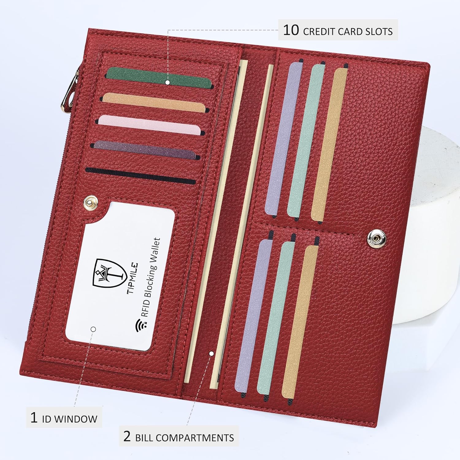 Slim Wallet for Women, RFID Blocking Credit Card Holder, Ladies Bifold Wallet with Zipper, Wine Red - Image 4