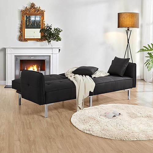 Miniatura 5 de Topeakmart Sofá cama convertible moderno negro, sofá convertible versátil con respaldo ajustable con marco de metal, color negro Negro -,Gris