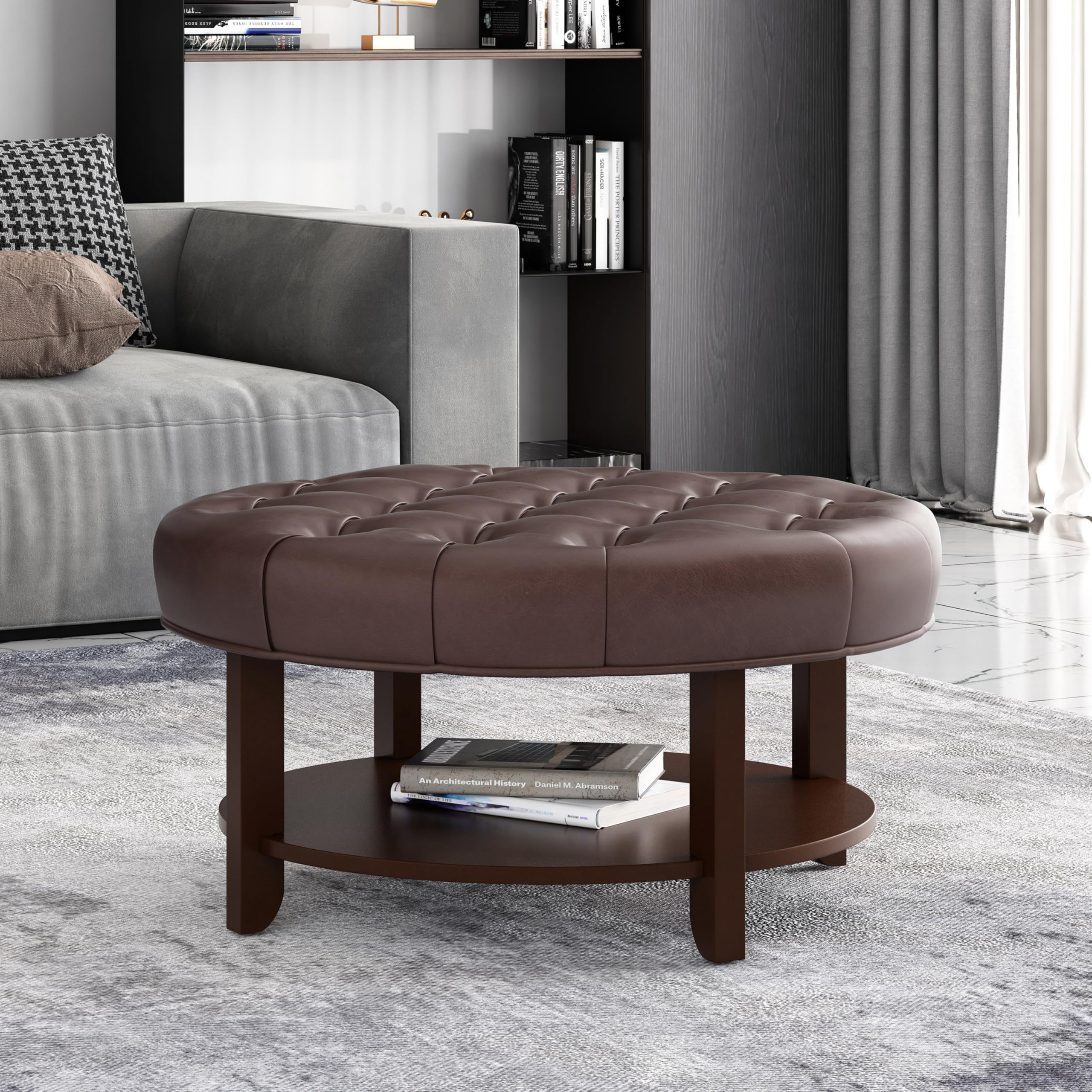 Dark Brown Round Ottoman Coffee Table, 32 inch Faux Leather Circle Side Table, Modern Button Tufted Ottoman with Wood Shelf Storage, Upholstered