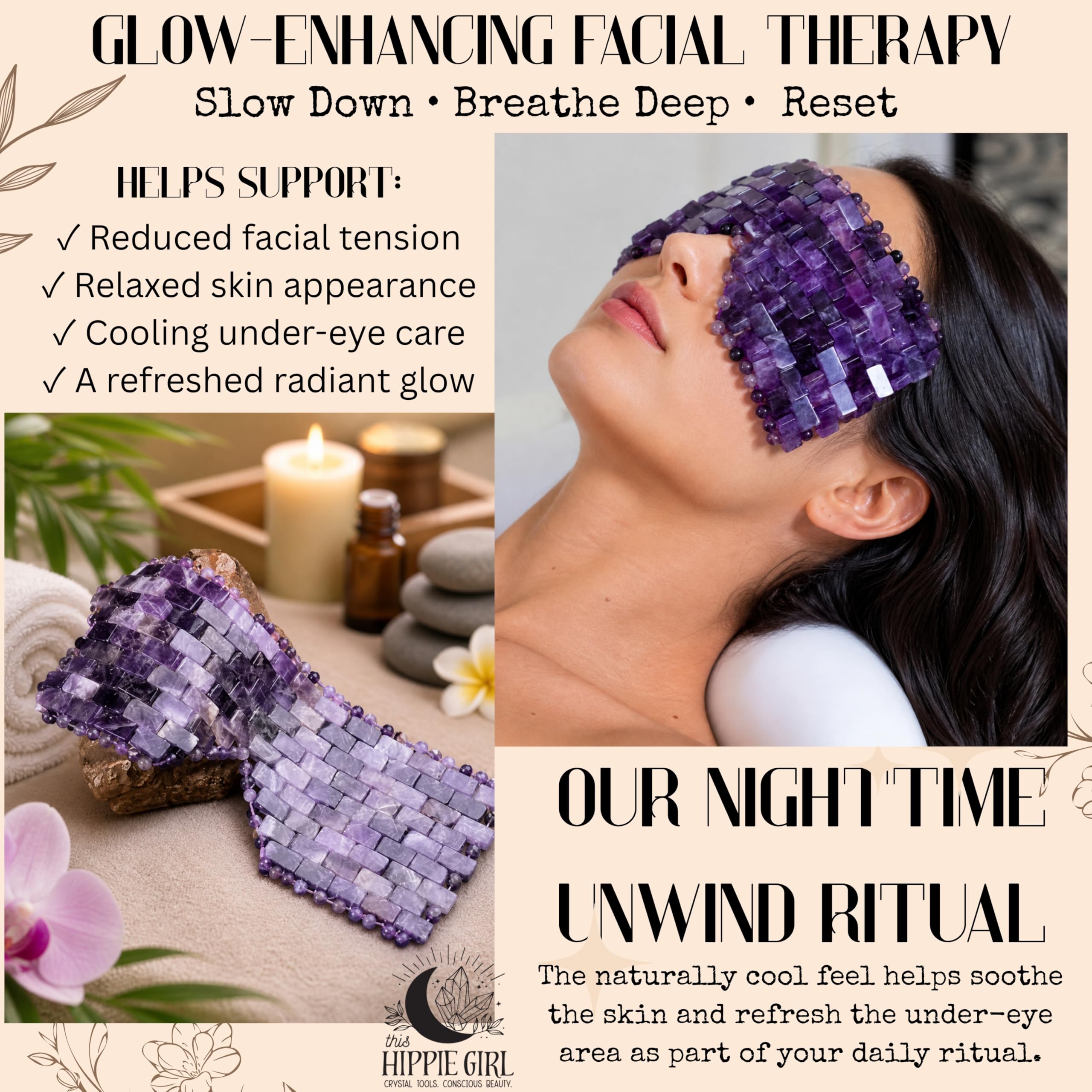 This Hippie Girl Masque pour les yeux en améthyste – Masque facial en cristal naturel pour les poches, les cernes et le soulagement de la tension. Pierre spa rafraîchissante pour la