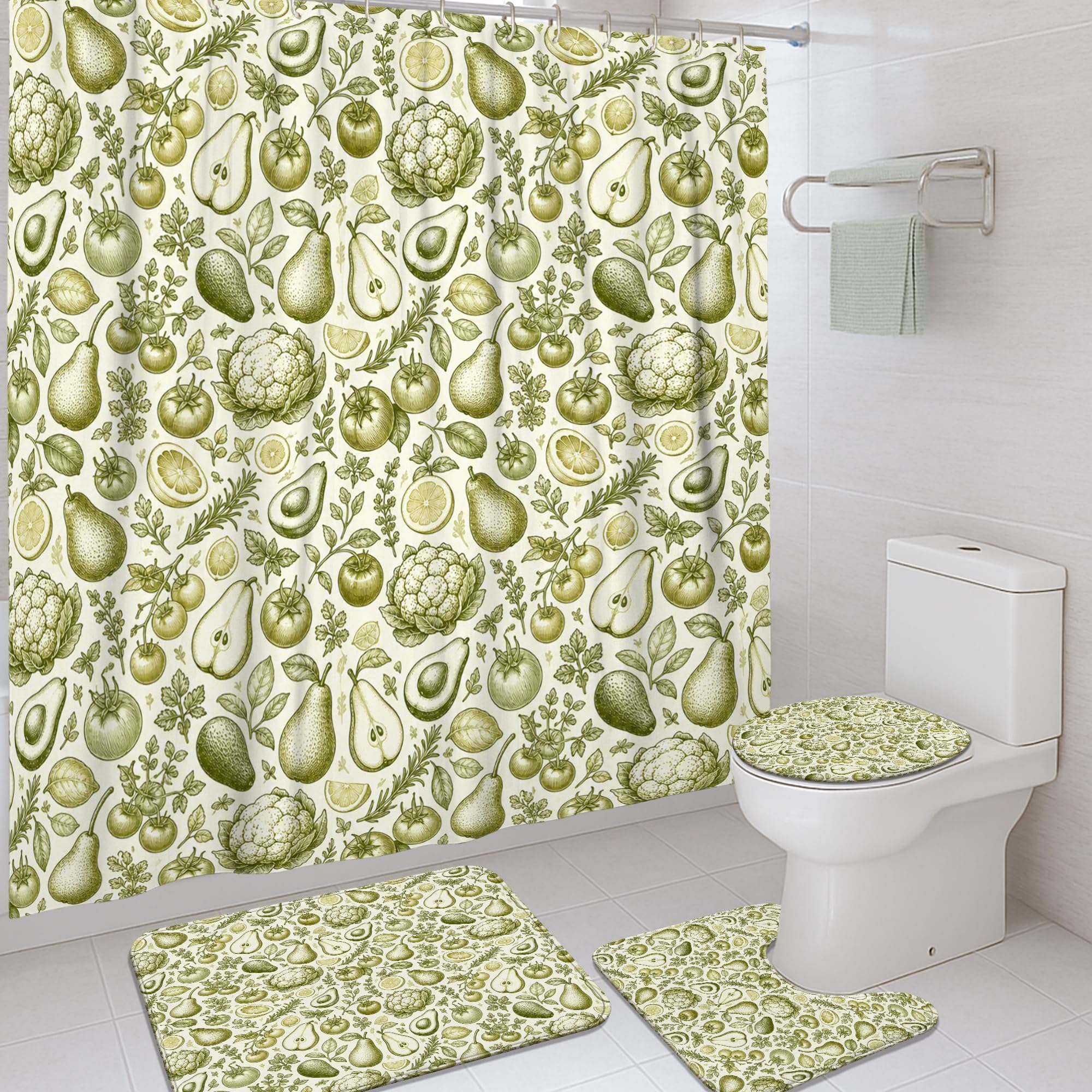 Rideau de douche motif botanique printanier tomates citron vert