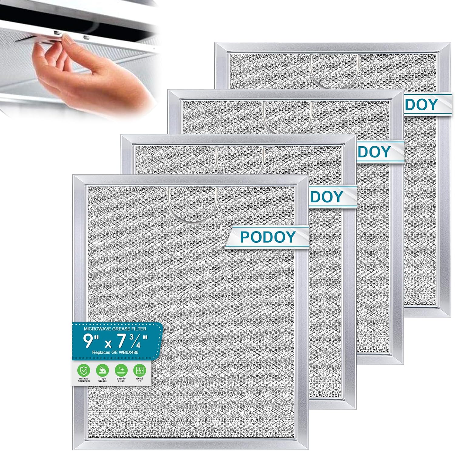 Podoy WB6X486 Microwave Grease Filters Replacement Parts Compatible with GE Hotpoint 9’’ by 7.75’’ Range Oven Hood Aluminum Filter (Pack of 4) Replace 5304408977 WB06X0486 WB06X10125