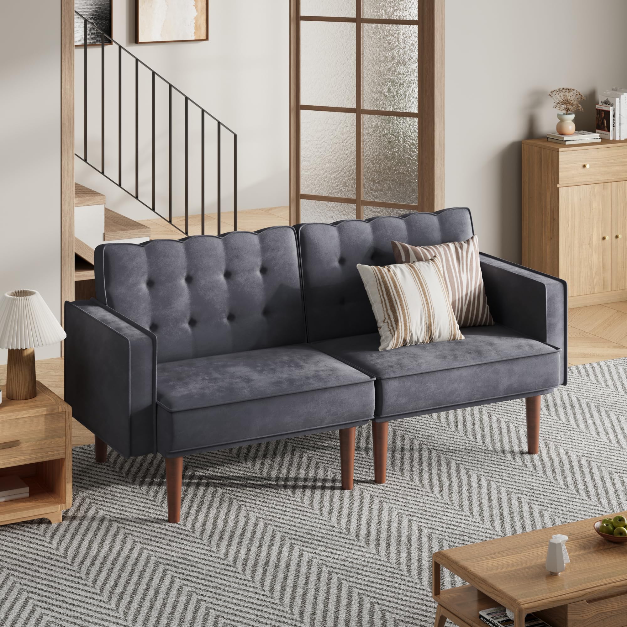 Furnify 71" Velvet Futon Sofa Bed, Versatile Loveseat Couch, Sleeper Sofa with Adjustable Backrest, Mid Century Modern Futon Couch for Small Space, Living Room, Office & Apartment, Velvet Fabric Grey