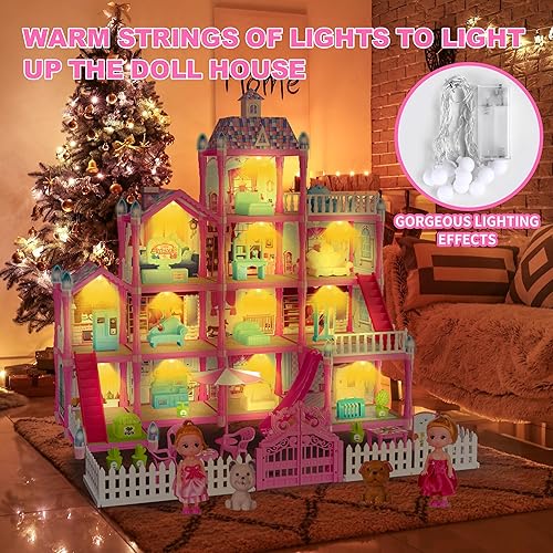 Miniatura 18 de Juego de casa de muñecas para niños y niñas, 4 pisos, 13 habitaciones, 3 muñecas y 2 cachorros, muebles y accesorios para niñas de 5, 6, 7, 8 años