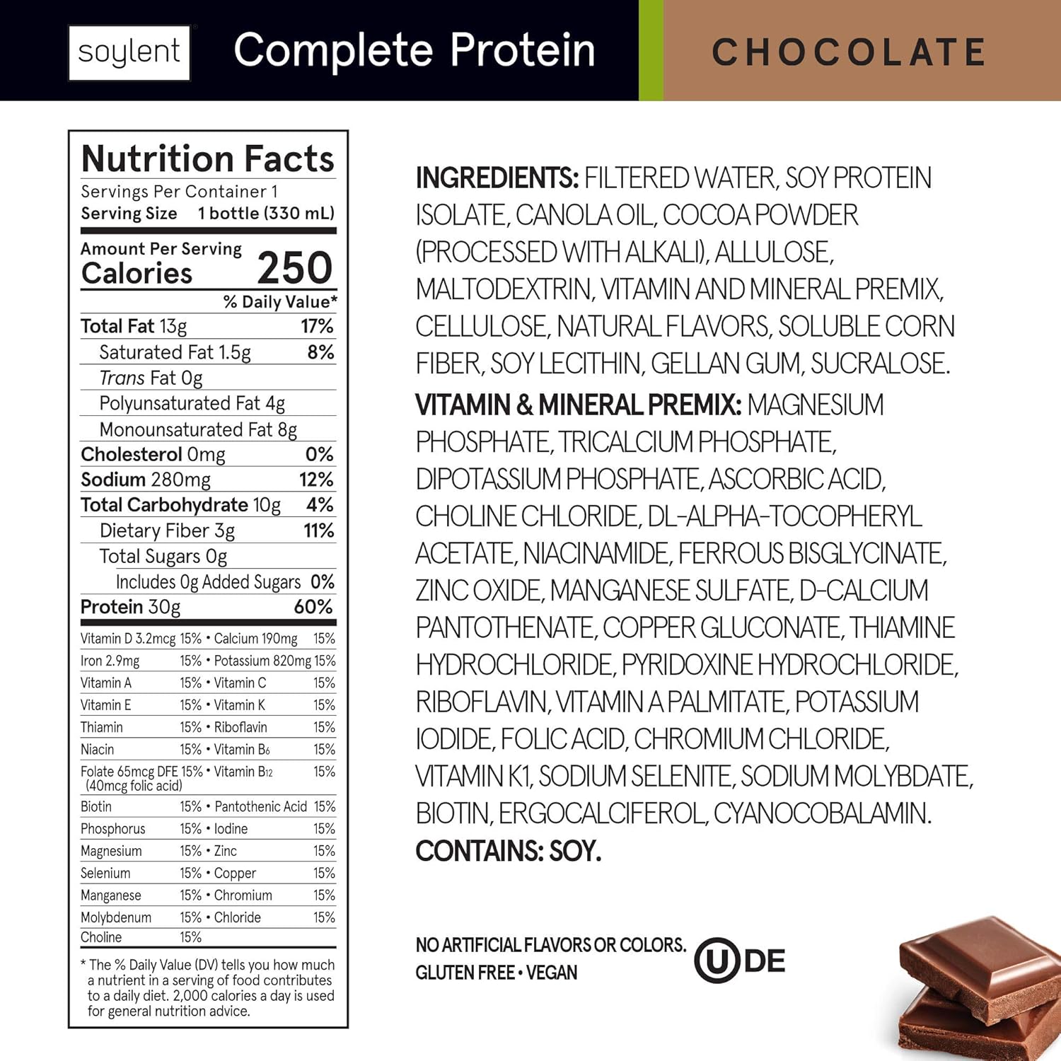 Soylent Complete Protein™ Gluten-Free Vegan Protein Meal Replacement Shake, Chocolate, 11 Oz, 12 Pack : Everything Else