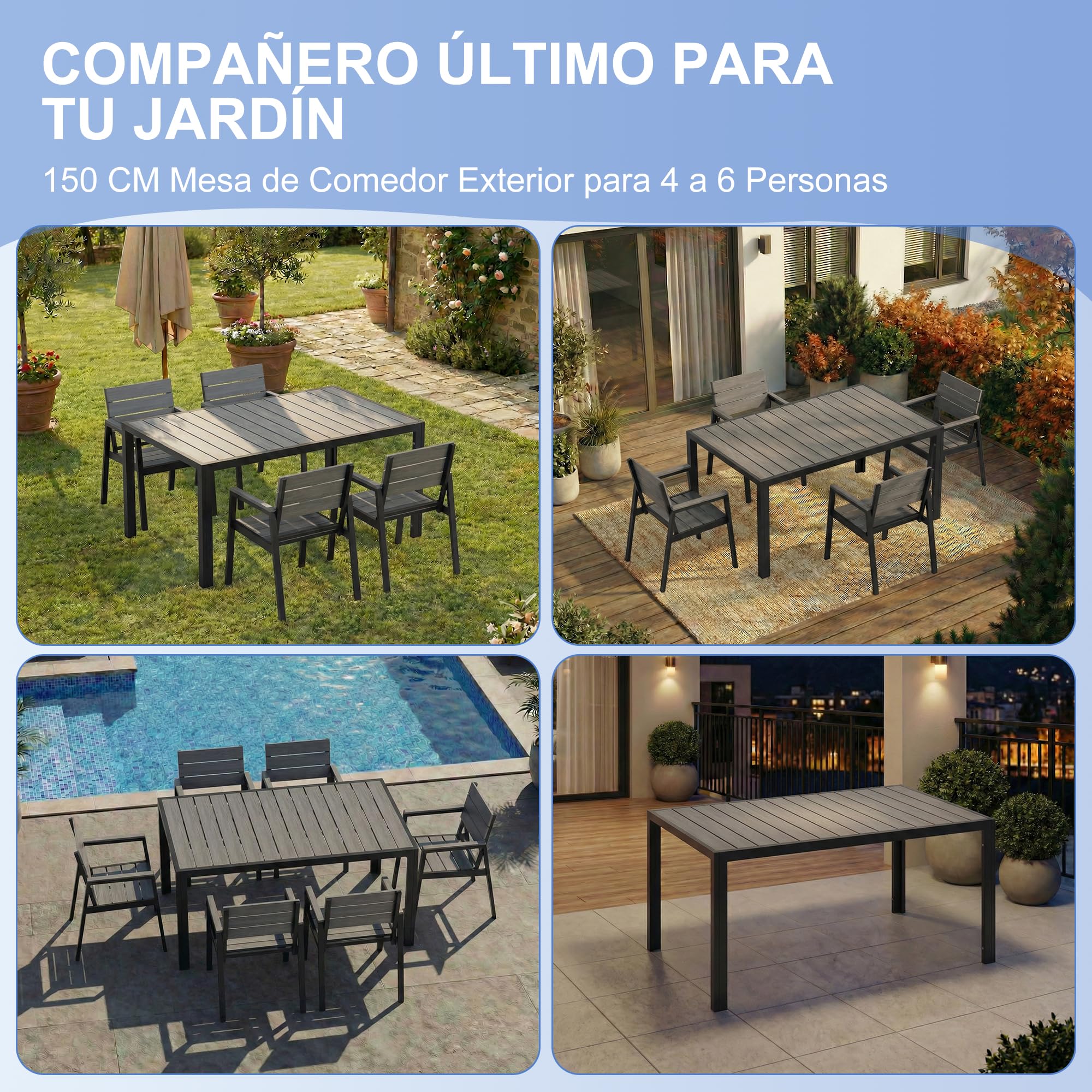 Devoko Mesa de jardín Resistente a la Intemperie HDPS, Mesa de Aluminio para Exterior,Acabado imitación Madera, fácil Mantenimiento, Mesa Comedor 4-8 Personas, para jardín y terraza