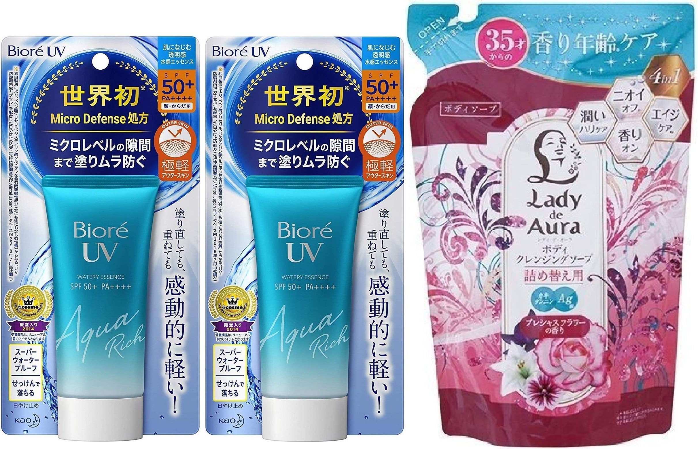 Biore UV Aqua Rich Watery Essence 50g, Sunscreen, SPF50+ PA++++, Latest Package, Set of 2 with Grafico Flower Refill Lady de Aura Body Cleansing soap 320ml