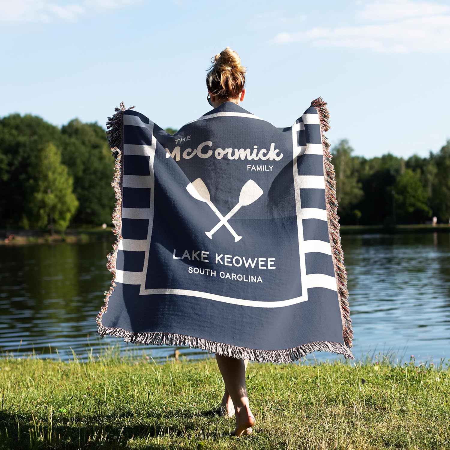 Lake House Woven Throw Blanket. 50x60 Customize with Family Names, Your Lake. Navy Blue Nautical Decor. Great for Anyone Who Loves Boating, Kayaking, Fishing or Life on the Water!