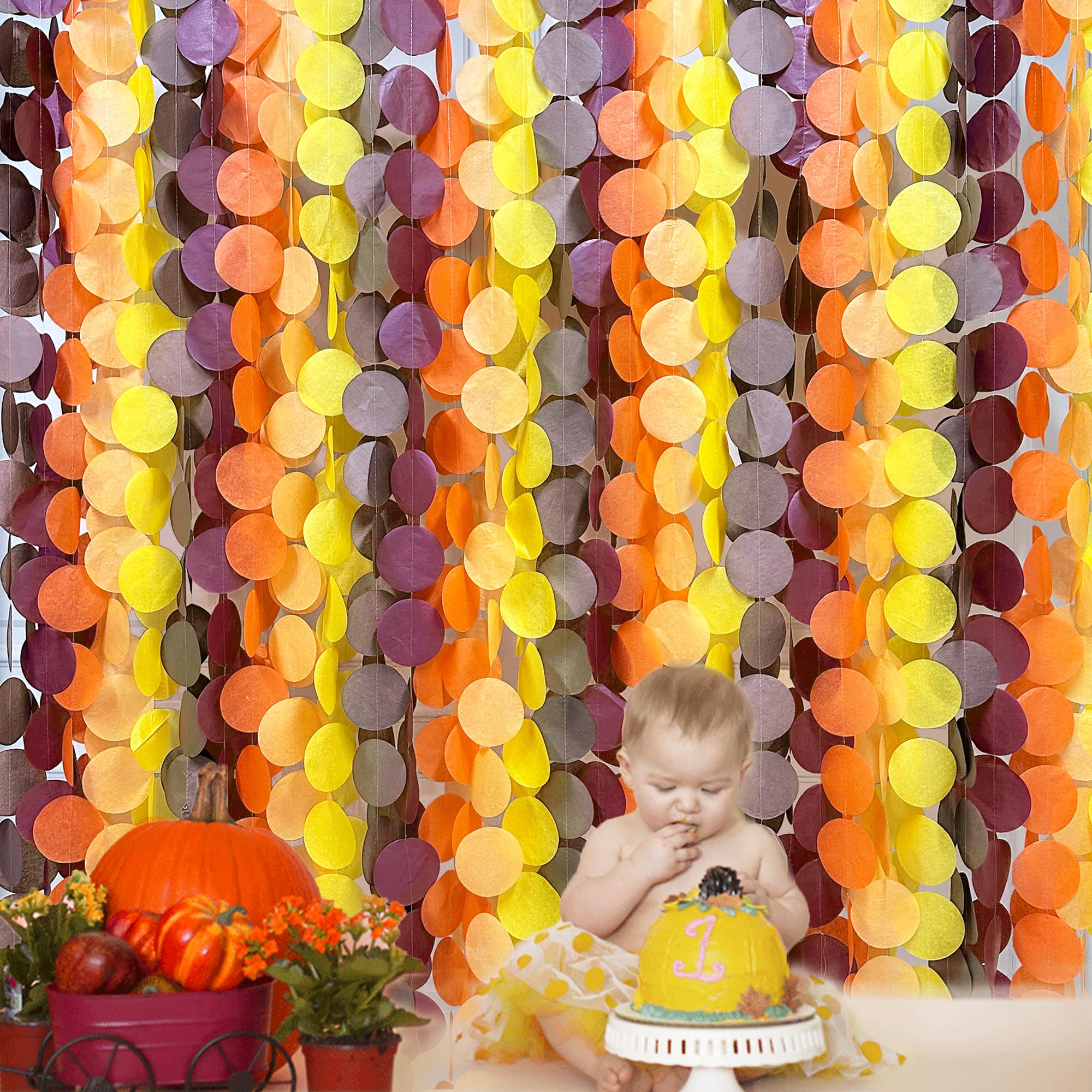 50 m Herbst-Party-Dekorationen, große Kreise, Punkte, Hintergrund, Girlande, Gelb, Orange, Burgunderrot, Braun, Seidenpapier, gepunktet, hängende Luftschlangen für Geburtstag, Hochzeit, Herbst,