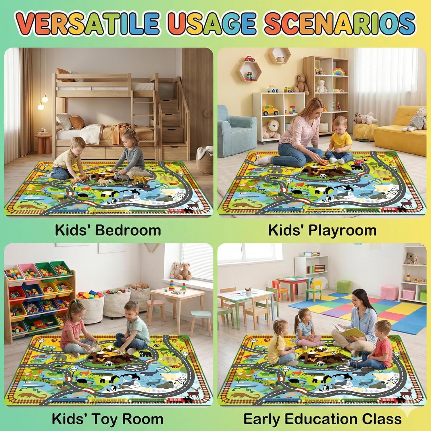 2.5x4 Feet Kids Car Rug Animals Zoo Road Play Mat +2. 5x4 Feet Road Map Carpet for Kids - Kids Rugs for Playroom