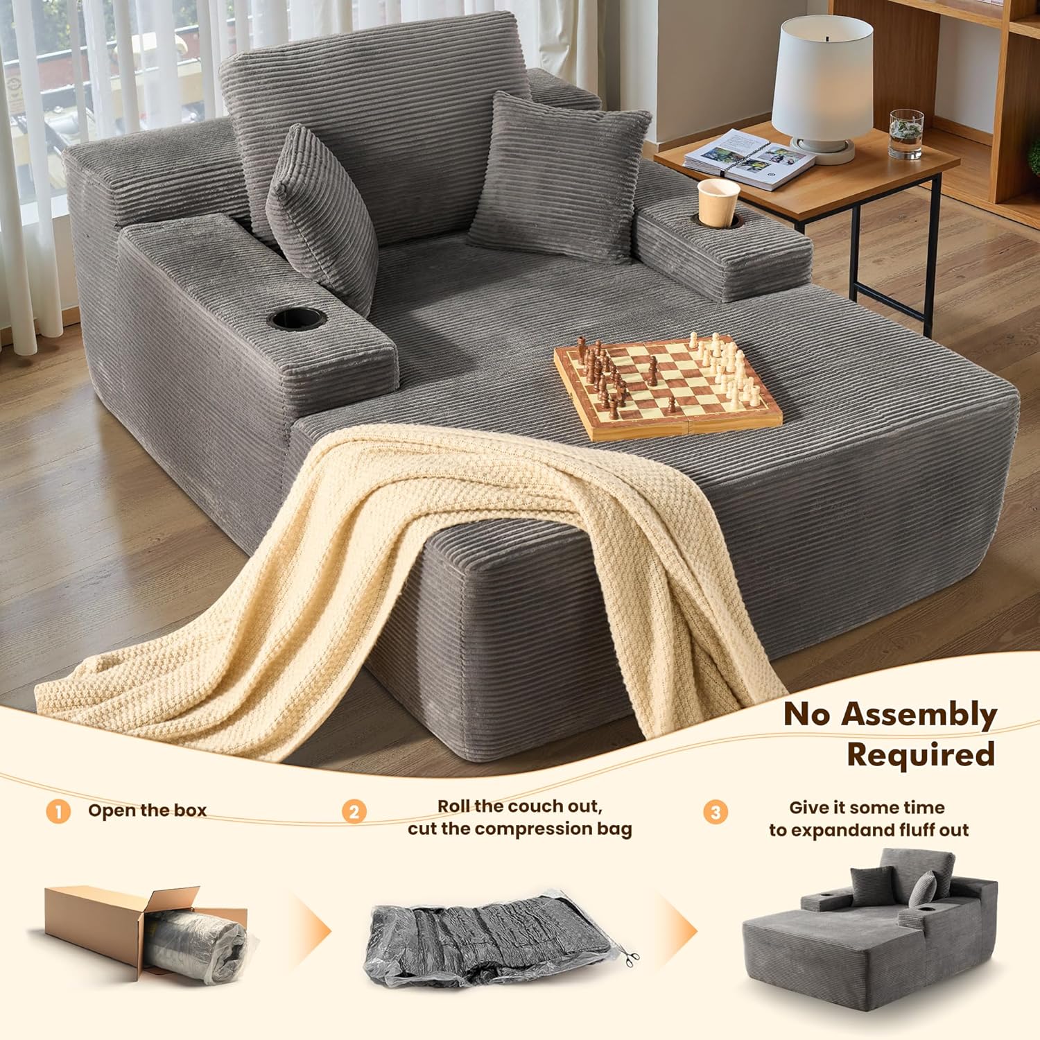 Oversized Chaise Lounge Chair Indoor with Cup Holders, 67" Boneless Cloud Sofa Bed, Plush Corduroy Sleeper Couch with Throw Pillows for Living Room Bedroom No Assembly