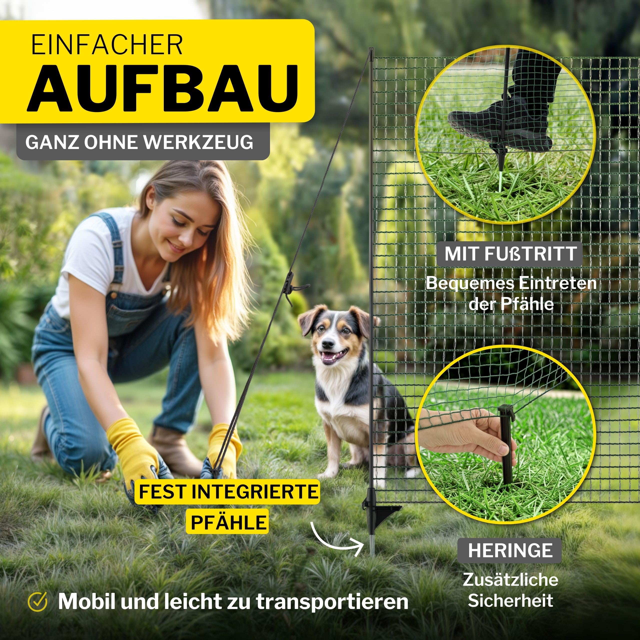 horizont Begrenzungszaun FIX, mobiler Zaun 65 cm hoch, 15m lang, engmaschig, 9 Pfähle
