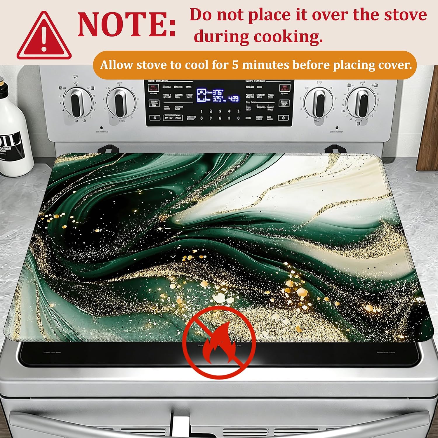 Electric Stove Top Cover,Green Gold Marble Stove Cover for Glass Top Electric Stove,Modern Heat Resistant Flat Top Stove Mat Countertop Protector, 28 x 20 Inch