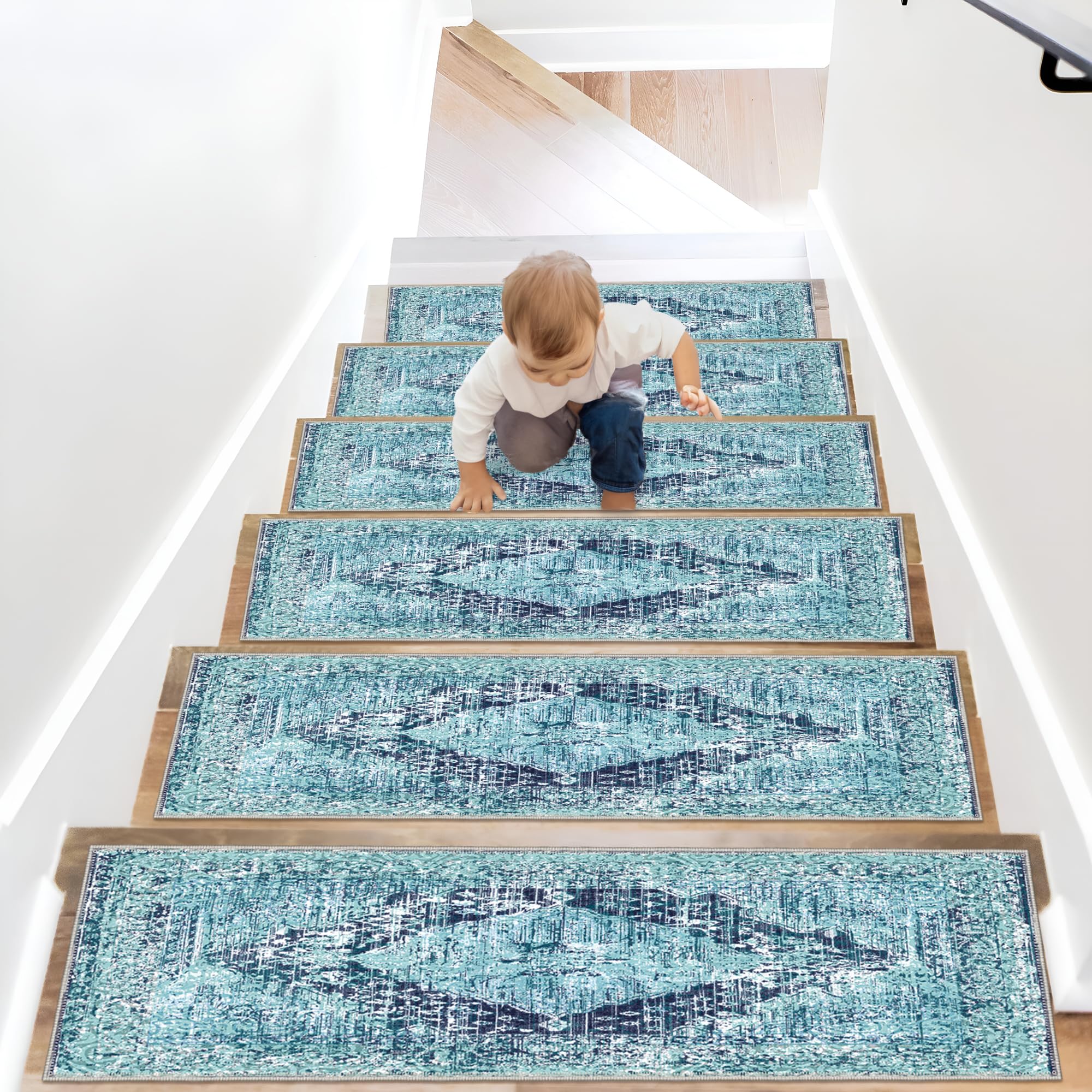 HomeNette Non-Slip Carpet Stair Treads, Rubber Back 8x28 (15 in Pack) Machine Washable Blue Runner Rug for Indoor Wooden Steps, Safety Decorative Mats