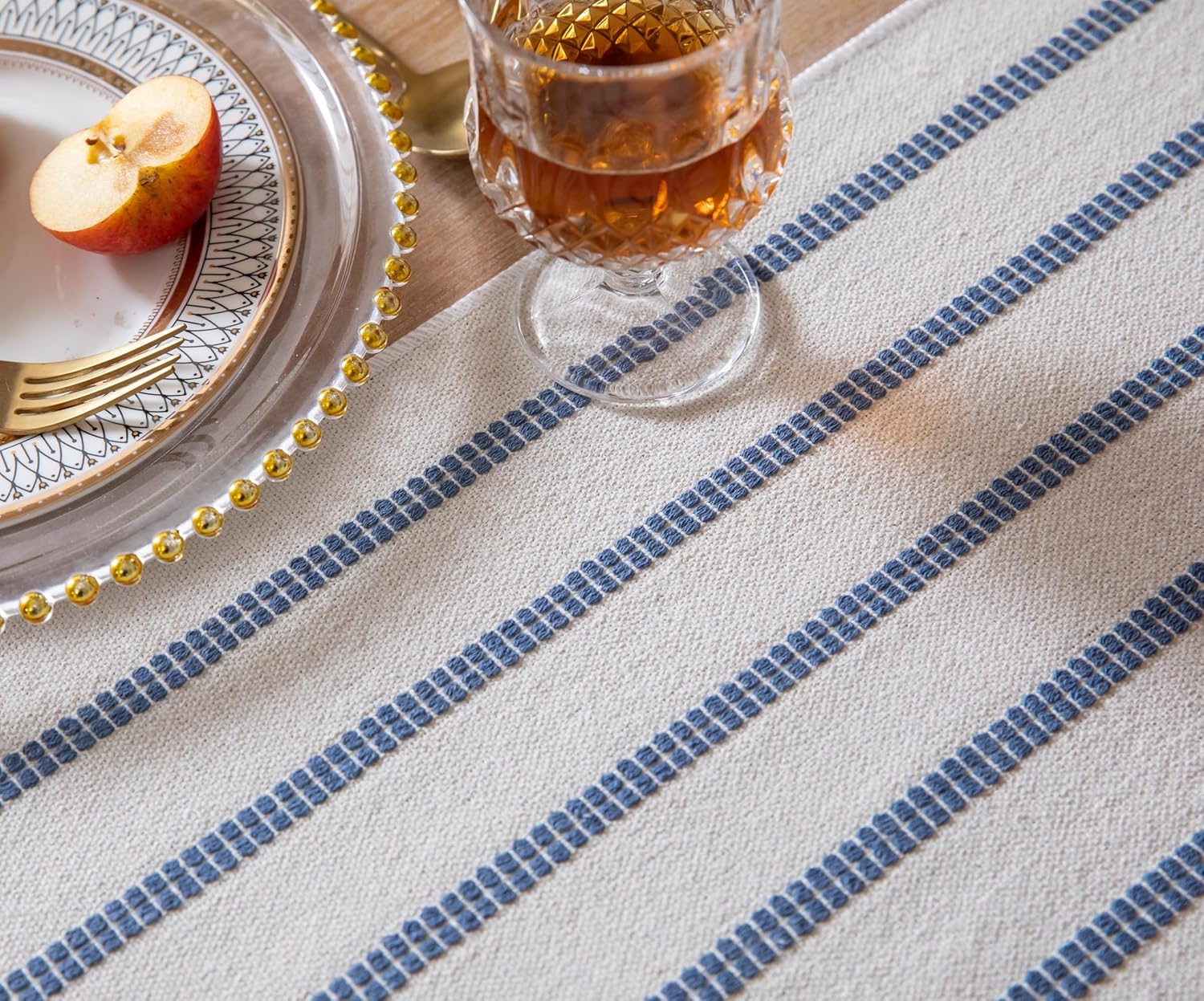 Caflife Boho Table Runner 108 Inchs Long Blue and Beige, Cotton and Linen Woven with Tassels, for Modern Rustic Farmhouse Neutral Table Runners, Bohemian Kitchen Dining Table Home Decor