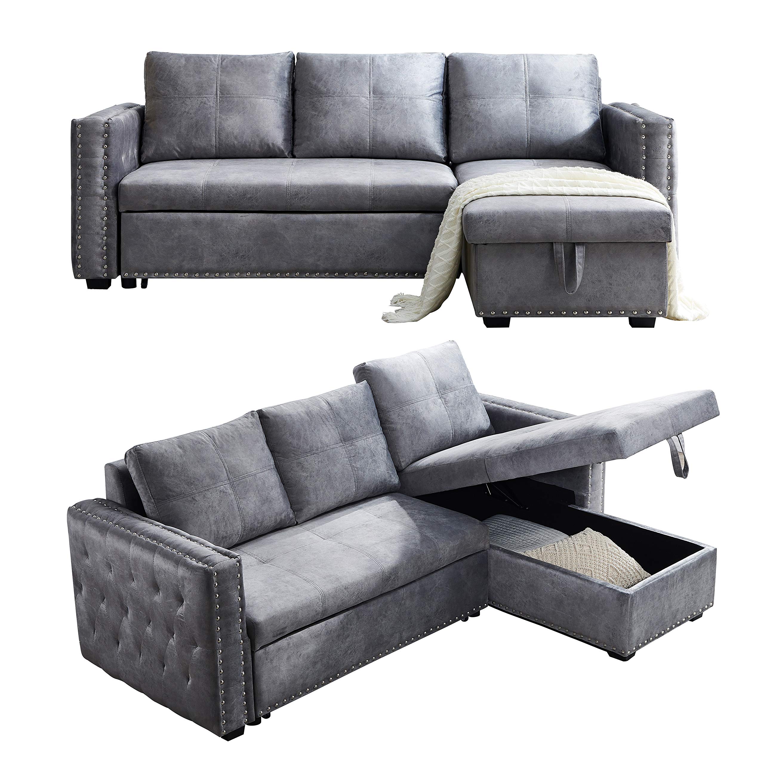Sectional Sofa with Pull Out Bed, HABITRIO Solid Wood & Velvet