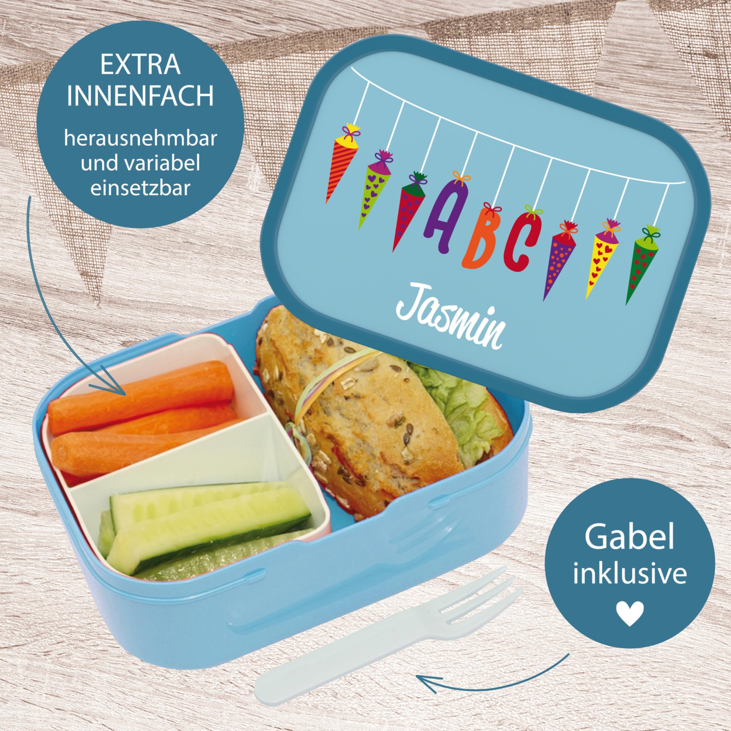 4youDesign Mepal Bento Box & Trinkflasche Set personalisiert Schultüte kursiv blau – Geschenk für Kinder Weihnachten, Nikolaus, Geburtstag - Auslaufsicher – Brotdose 750ml, 400ml Flasche (Cool Blue)