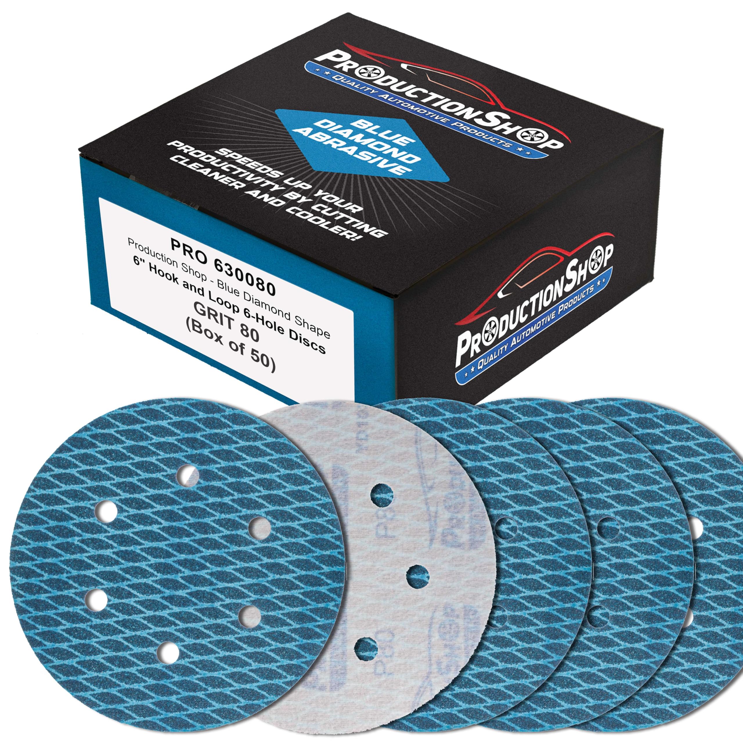 ProductionShop Premium 80 Grit 6" Rhombus Diamond Shape Blue Sanding Discs, 6-Hole, Box of 50 - Hook & Loop Anti-Clogging J-Cloth Dustless Sandpaper
