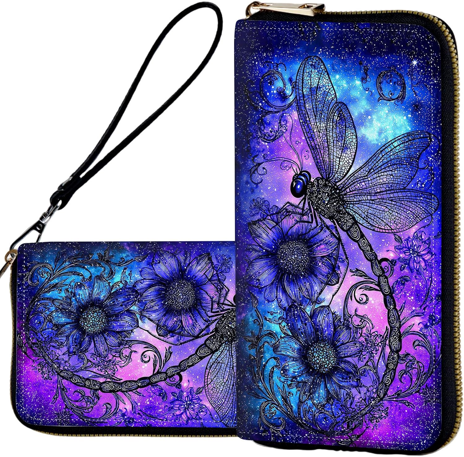 Wristlet Wallets for Women,Ladies Women's Wallet,Clutch Purses for Female Leather Large Capacity Credit Card Holder with Zipper Slim Cute Coin Pocket,RFID Blocking,Art Dragonfly Purple