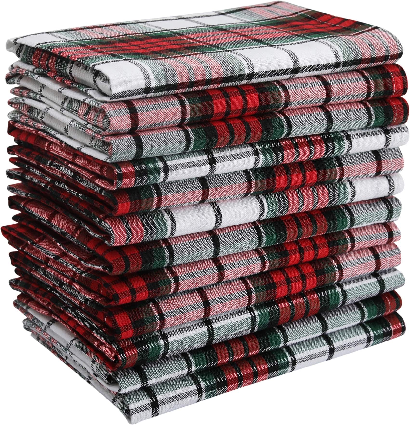 DG Collections Dinner Napkins, 100% Cotton Over Sized Kitchen Napkins, Set of 12 Pack (19 x 19 Inch) Red/White/Green Plaid, with Mitered Corner and Lint Free