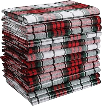 DG Collections Dinner Napkins, 100% Cotton Over Sized Kitchen Napkins, Set of 12 Pack (19 x 19 Inch) Red/White/Green Plaid Napkin for Christmas and Thanksgiving