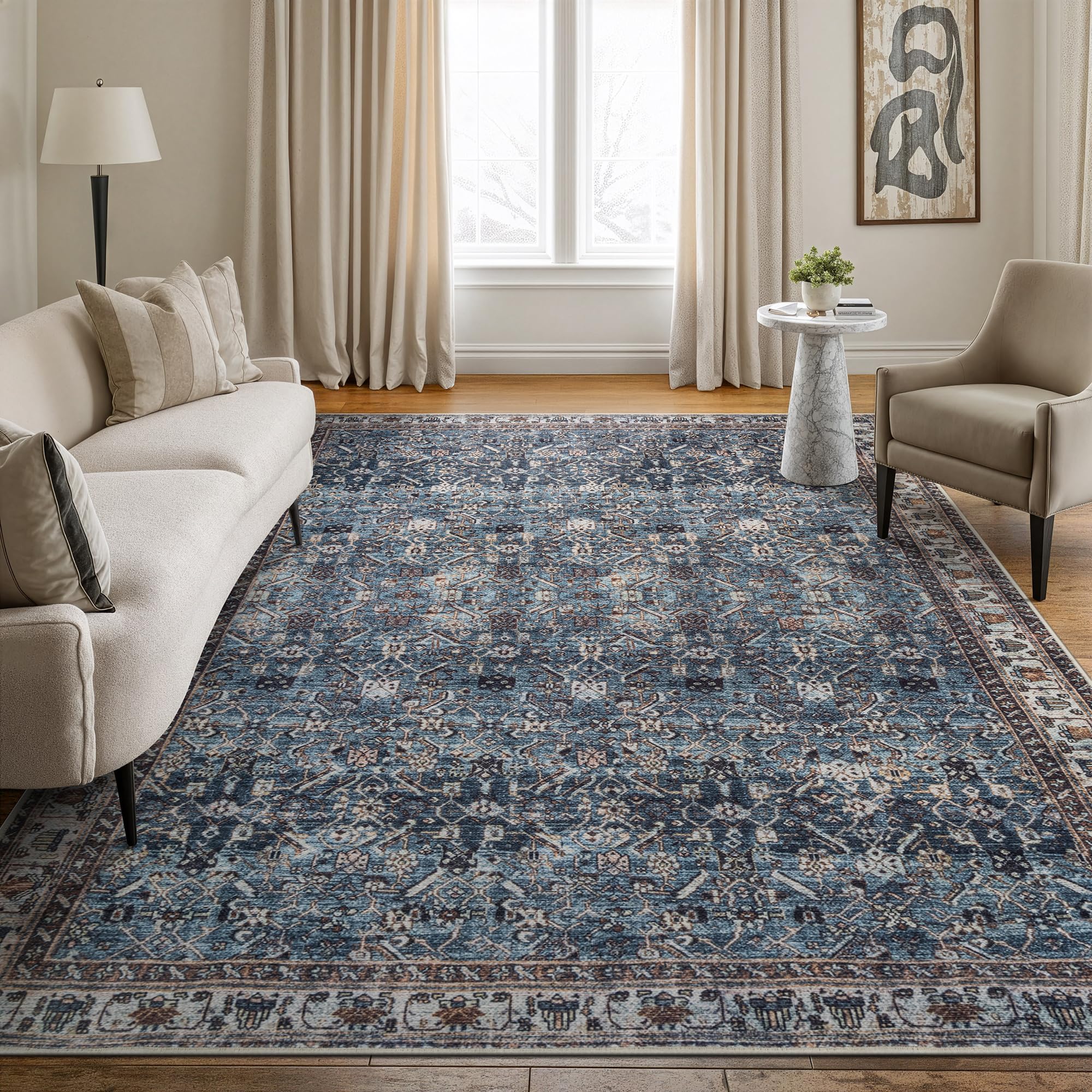 Bloom Rugs Washable Non-Slip 6' x 9' Rug - Blue/Beige Traditional Area Rug for Living Room, Bedroom, Dining Room, and Kitchen - Exact Size: 6' x 9'