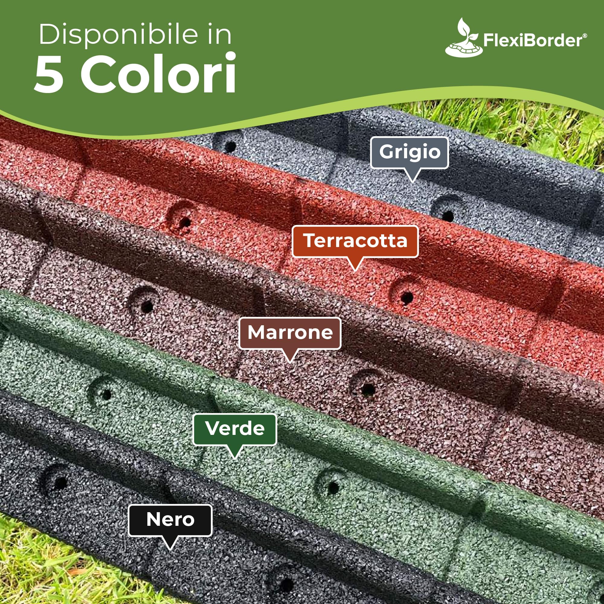FlexiBorder - Bordura per aiuola - Bordura flessibile da giardino per prato all’inglese - vialetti - bordature rialzate - erba artificiale - Verde - Kit 2 x 1 m di lunghezza