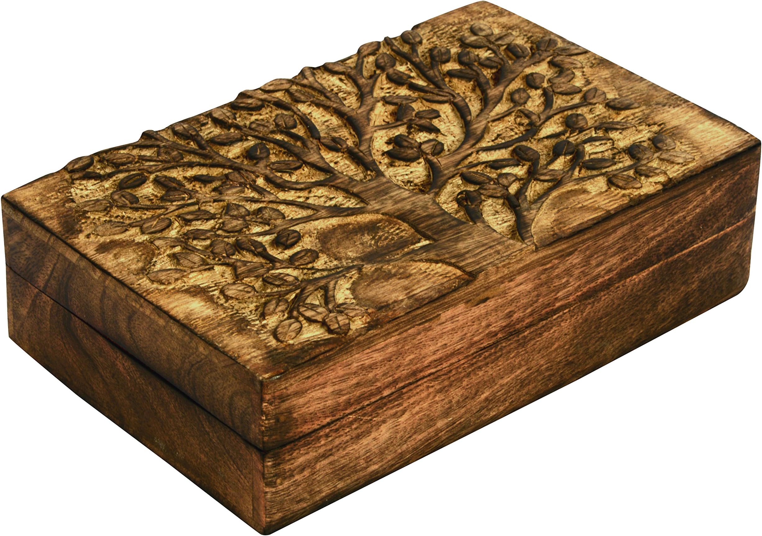 SAAGA Multipurpose Decorative Wooden Jewelry Trinket Holder Keepsake Storage Box with Tree of Life Carving/Handmade : 8x5.5 inches (LxB)