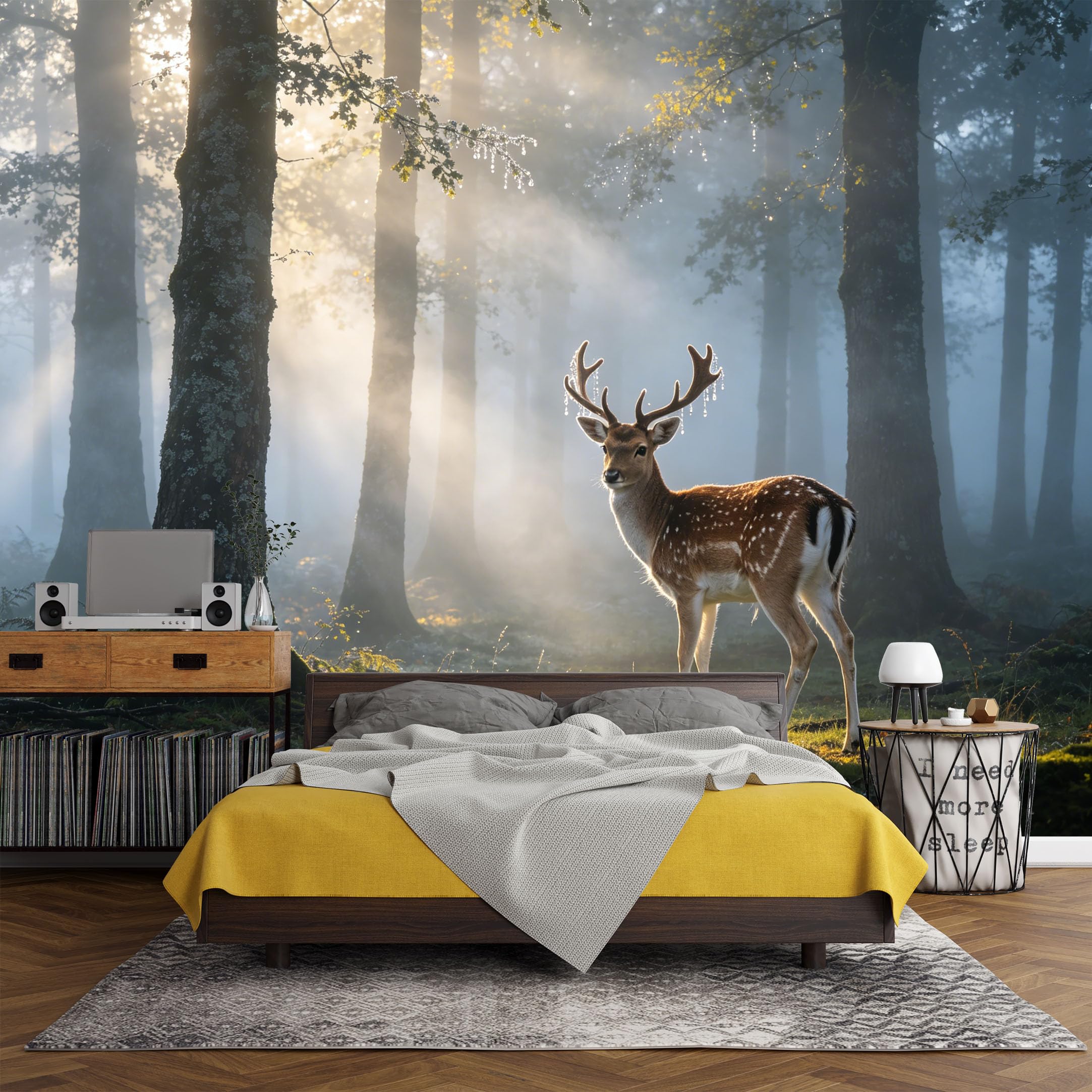 Custom Size Wall Mural， Forest Deer Morning Light Mist Landscape Nature Woodland Scene，SelfAdhesive Art Prints wall Fabric (No PVC) Removable Wallpaper Living Room Decor
