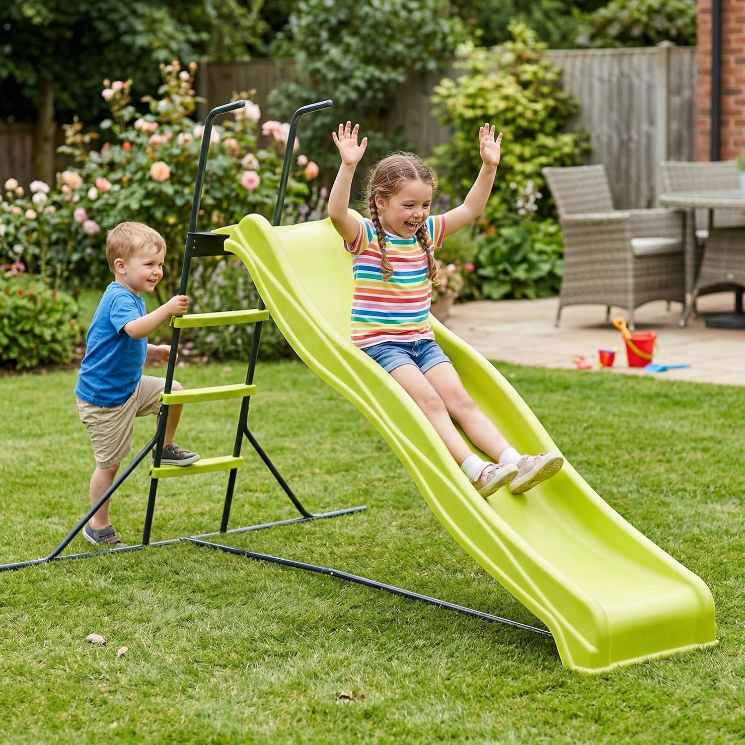 Outdoor Slide for Kids, 7.2FT Kids Slide Freestanding Playground Equipment, Climbing Step Ladder, Wave Slide for Backyard, Garden