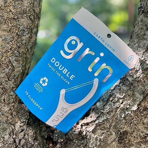 Miniatura 7 de GRIN Doble hilo dental, púas de hilo dental, 75 unidades, hilo dental, sabor a menta, plástico reciclado, 2 líneas de hilo dental, cabezal de hilo
