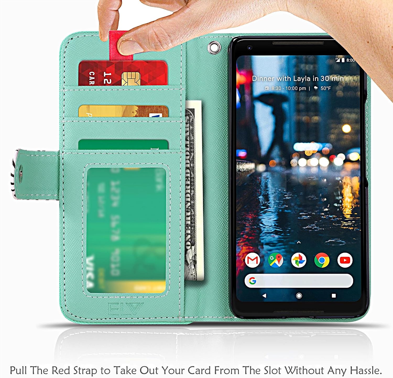 ELV Designed Google Pixel 2 Case [PU Leather] Slim Folio Wallet Purse Protective Magnetic Closer [Pull tab] Cover for Google Pixel 2 - FTS Mint