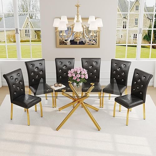 Miniatura 23 de Juego de mesa de comedor moderno de 63 pulgadas para 6 personas, juego de 6 mesas de comedor de cristal con patas de metal plateado, mesa de cocina