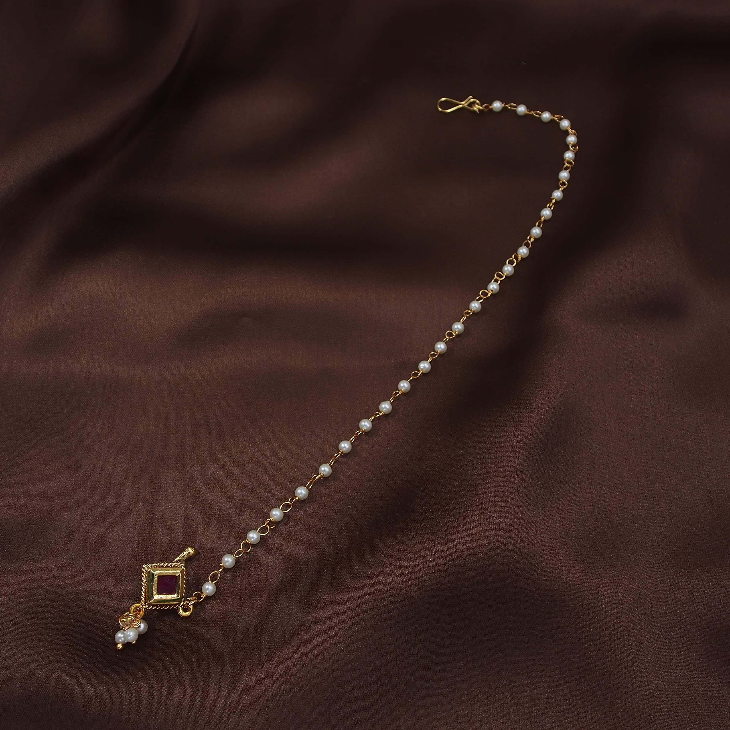 Ethnic Bridal Nose Ring without Piercing with Pearl Chain and Stone