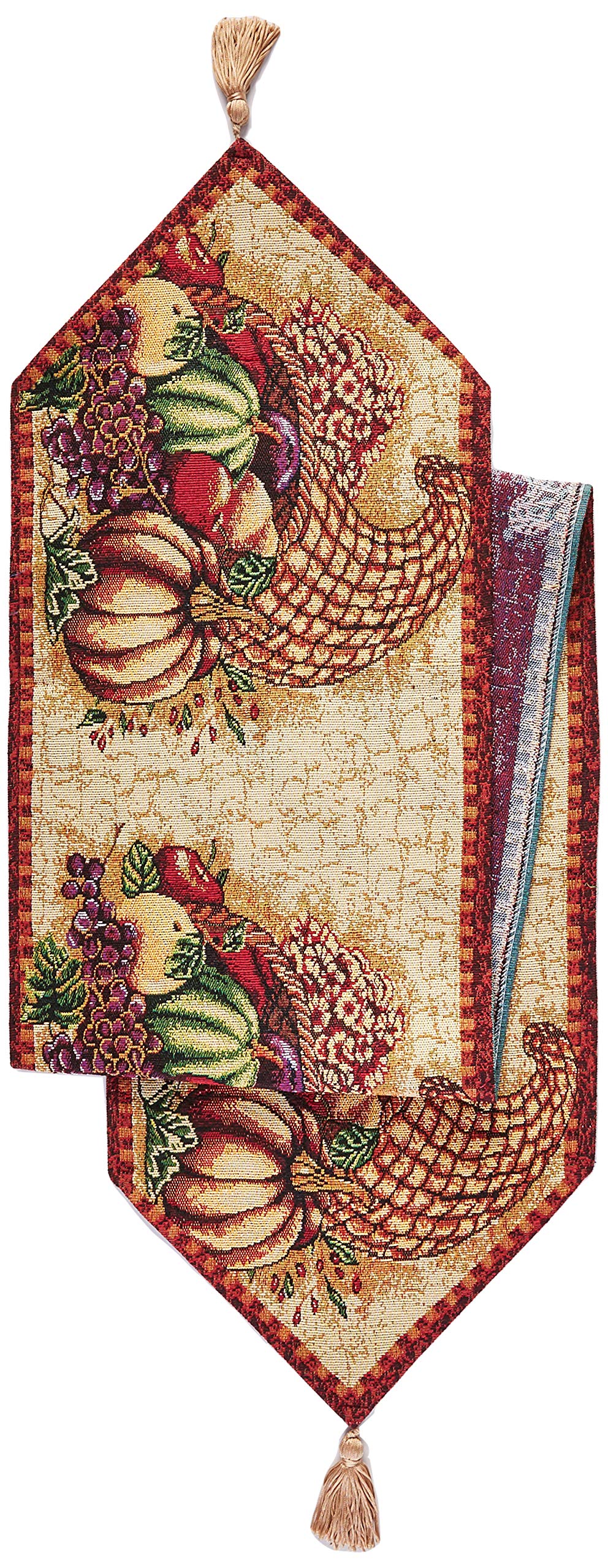 Violet Linen HomeCrate Fall Harvest Collection, Tapestry Cornucopia with Pumpkins and Fruits Design Table Runner, 13" x 70"