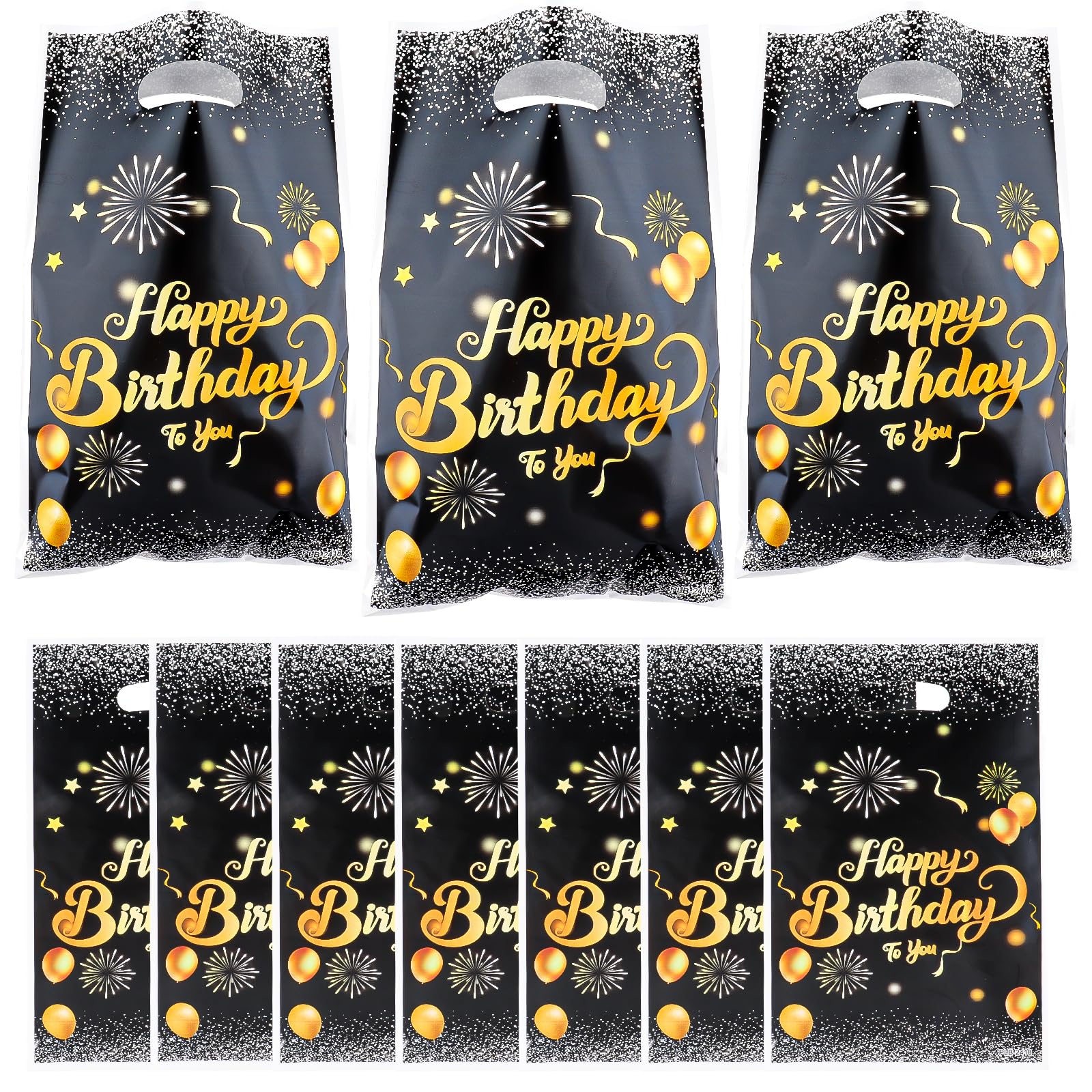 FUNCANDLE 30 Pcs Black Gold Happy Birthday Gift Bags with handles,Plastic Tote Bags, Reusable Snack Treat Goody Candy Bag - Birthday Theme Party Favor