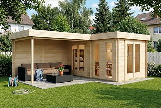 Carlsonn Gartenhaus Modell Quinta ISO aus Fichten-Holz in Blockbohlenbauweise, Holzhaus mit Anbau, Terasse, Freizeithaus 727 x 525 x 236 cm mit 44 mm Wandstärke, Flachdach Panoramafenster, Home Office