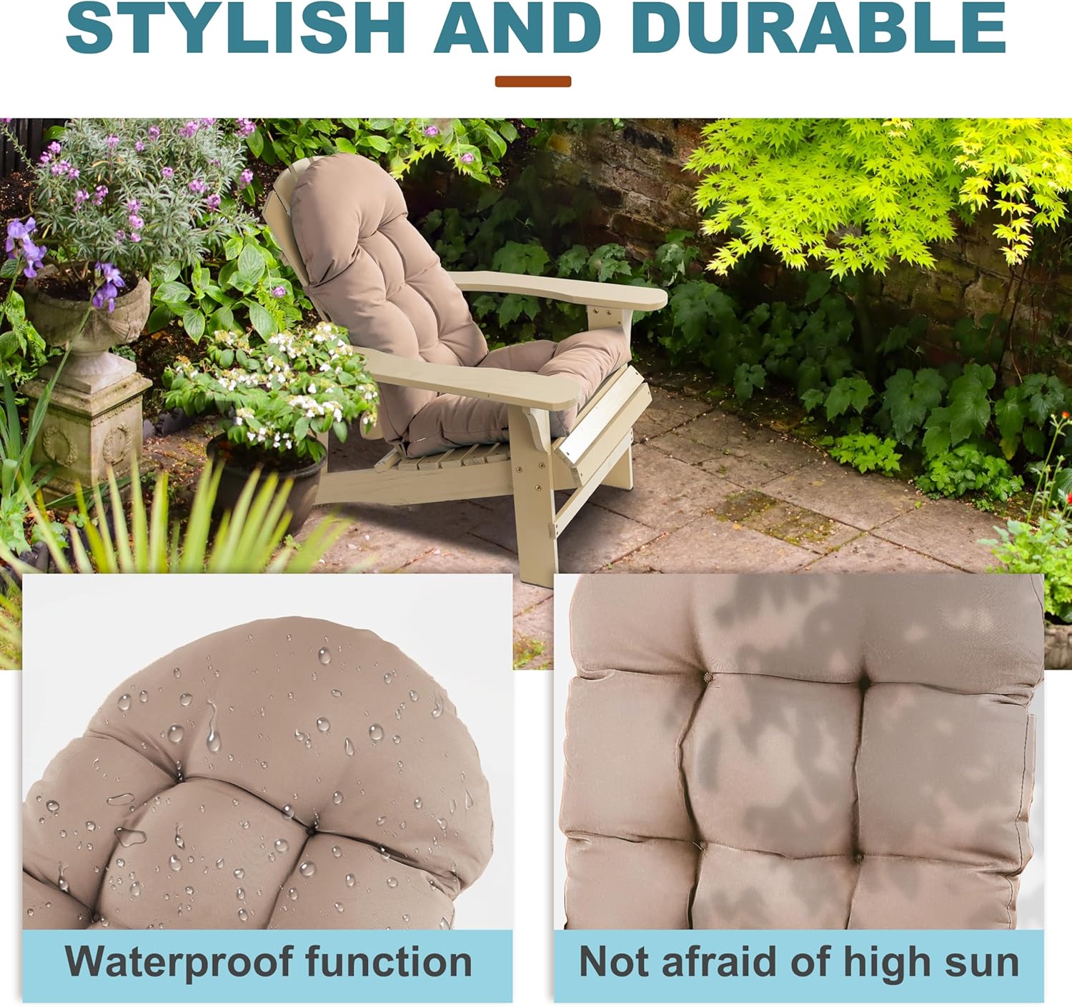 Adirondack Chair Cushion, Rocking Chair Cushion 44x19.4x4 inch, High Back Patio Cushions of Upper and Lower with Ties, Sunscreen and Fade-Resistant (Beige, 2)