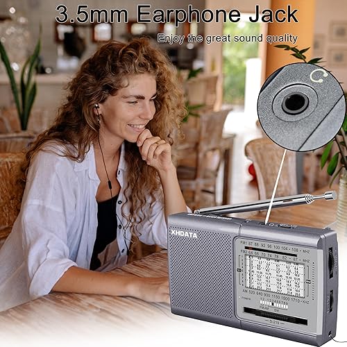 Miniatura 16 de XHDATA D219 Radio portátil de onda corta AM FM funciona con pilas, pequeña radio de recepción con buen sonido, conector de auriculares para plateado